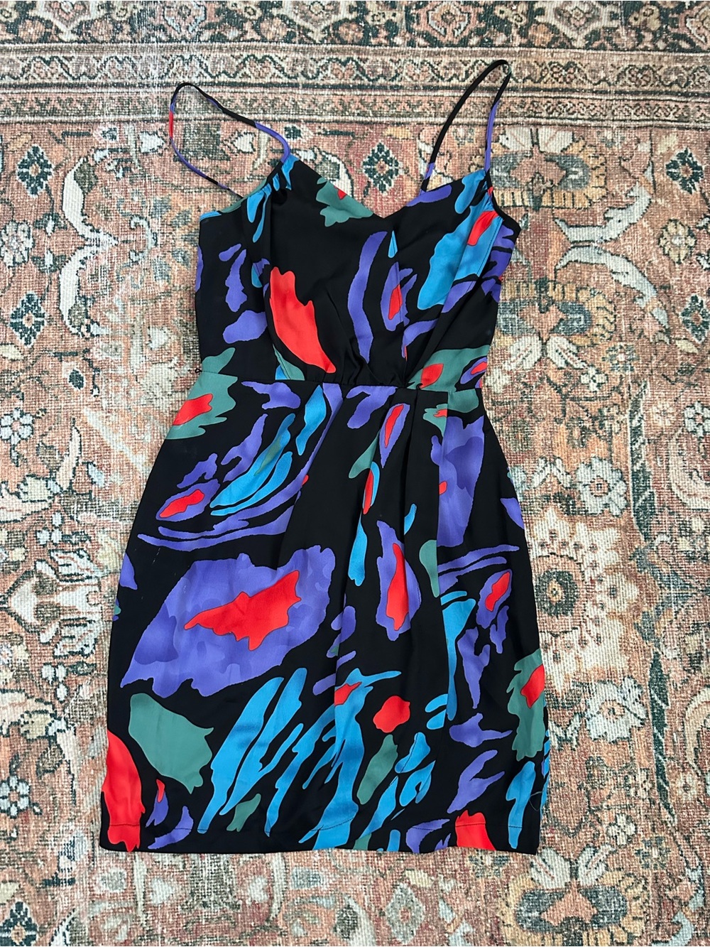 Versona Black Mini Dress with Blue, Purple, Teal and Red Abstract Print